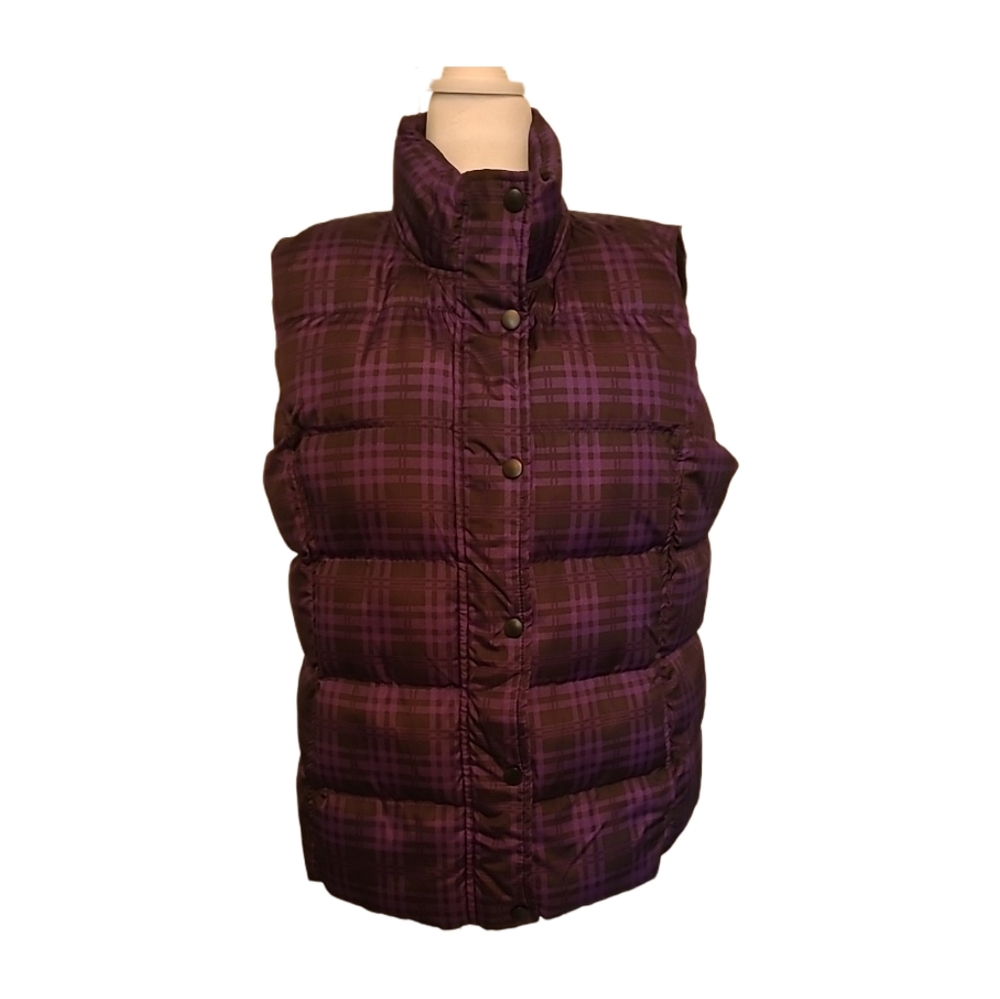 Faded Glory Vintage Puffer Vest Quilted Purple & Black Plaid Sz L EUC